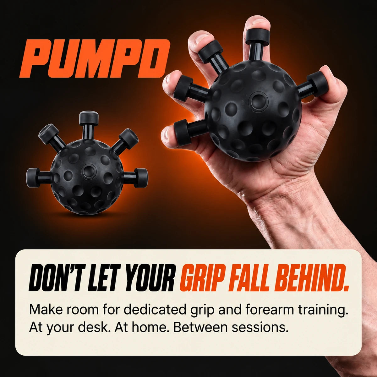 PUMPD Forearm Trainer: black textured device with five finger loops, held in a hand